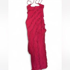 Cross Strap Ruffle Floor Length Dress in Fuchsia